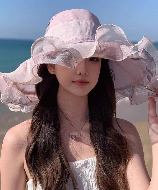 Beautiful Light Pink Ruffled Print Floppy Sun Hat
