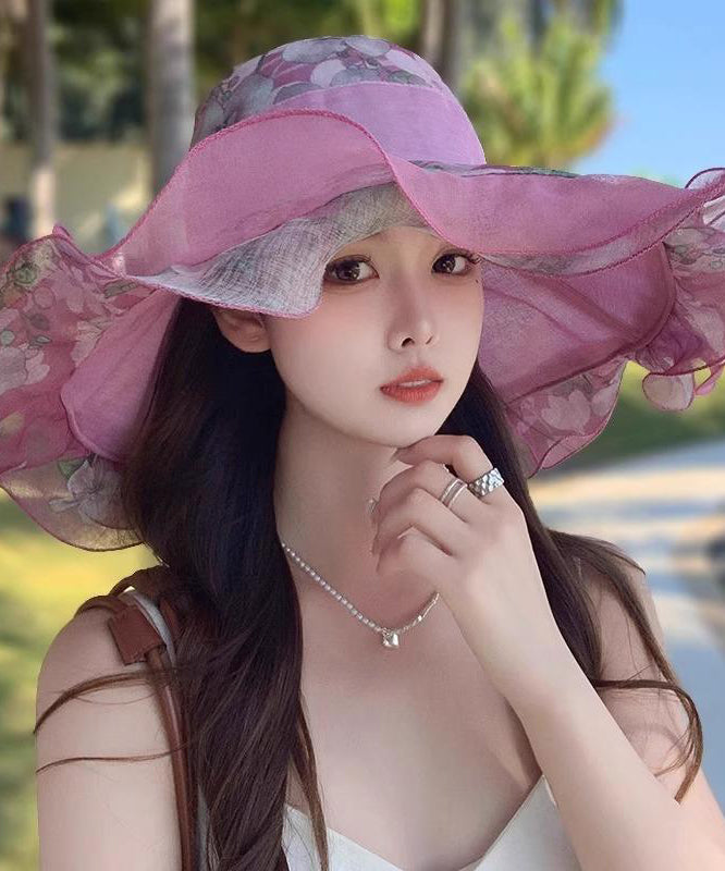 Beautiful Light Pink Ruffled Print Floppy Sun Hat