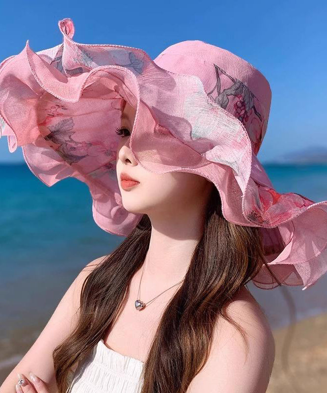 Beautiful Light Pink Ruffled Print Floppy Sun Hat