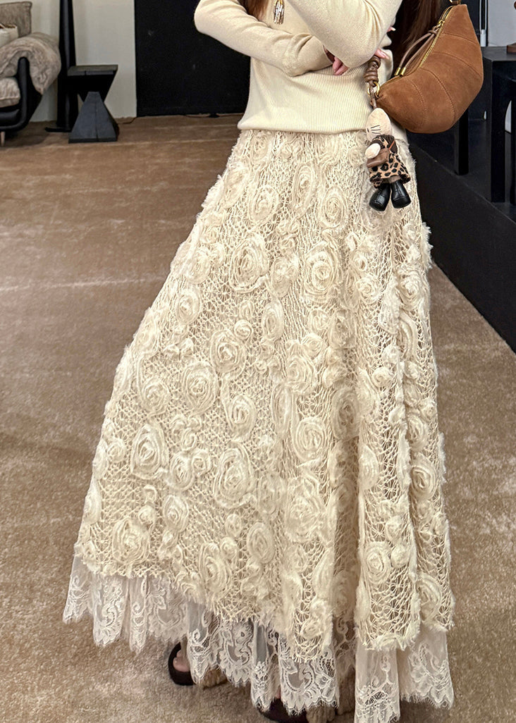 Beautiful Light Yellow Floral Elastic Waist A Line Skirt Fall