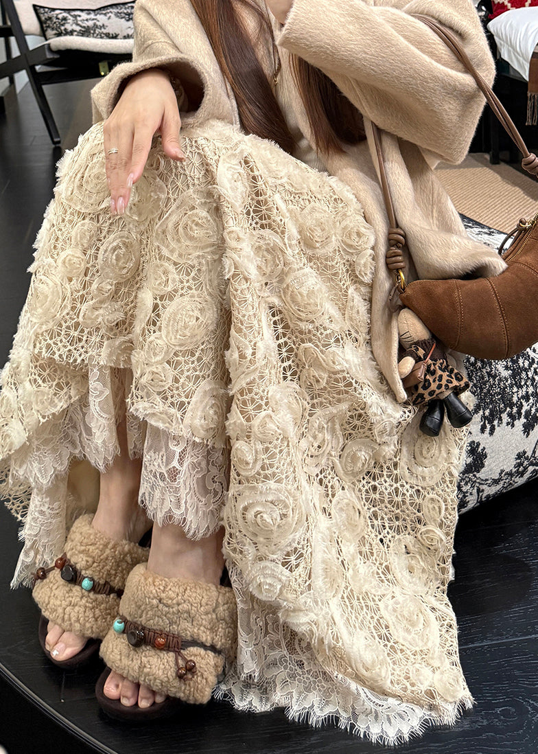 Beautiful Light Yellow Floral Elastic Waist A Line Skirt Fall