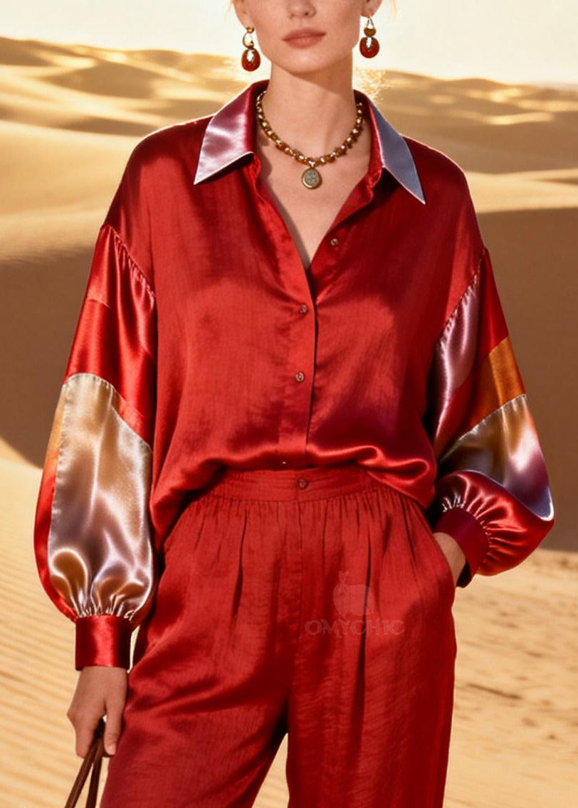 Beautiful Mulberry Peter Pan Collar Patchwork Linen Silk Two Pieces Set Spring