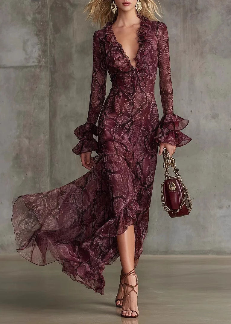 Beautiful Mulberry Ruffled Print Chiffon Ankle Dress Flare Sleeve