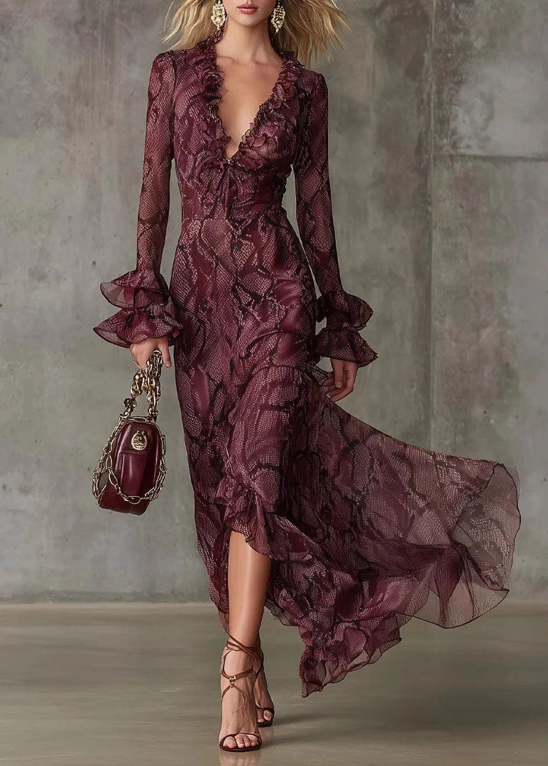 Beautiful Mulberry Ruffled Print Chiffon Ankle Dress Flare Sleeve