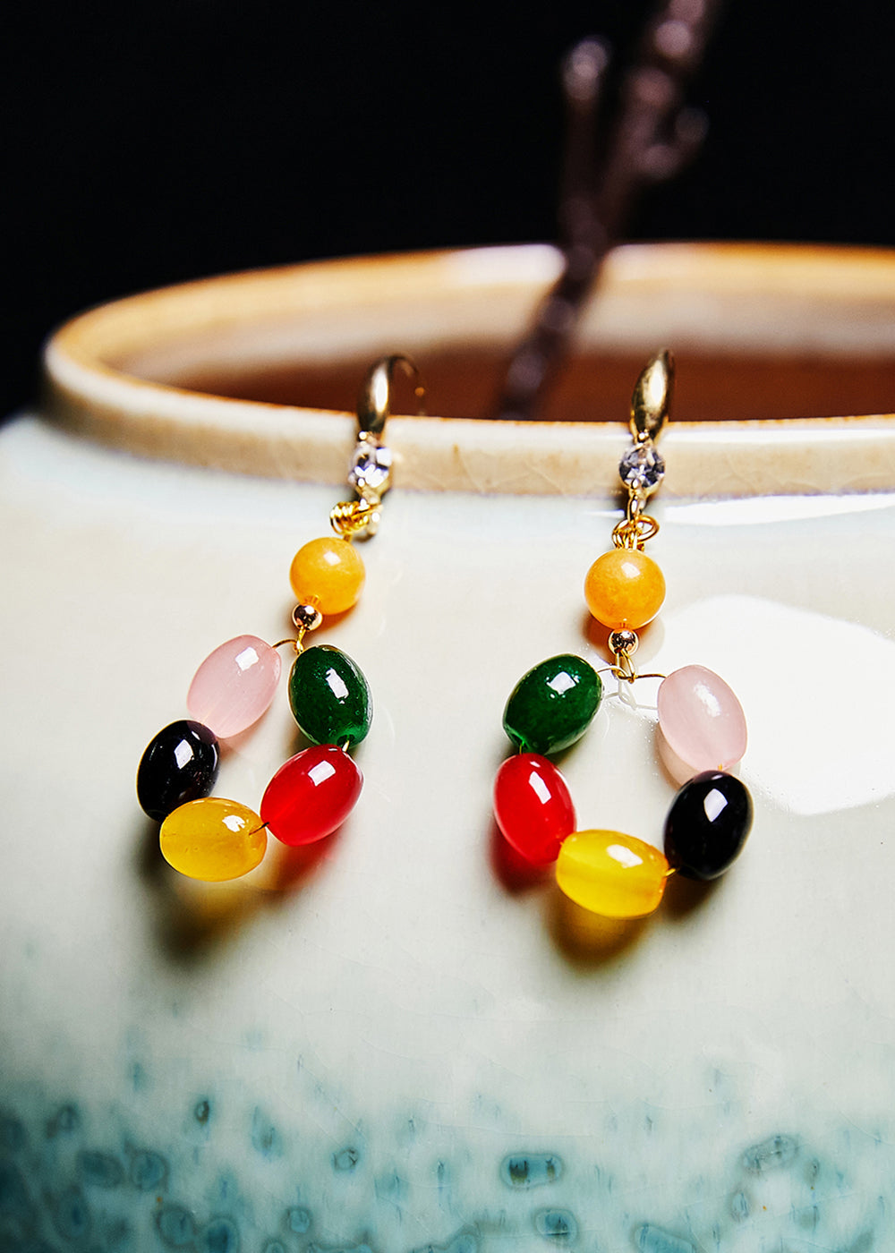 Beautiful Multicolour Gem Stone Fine Beeswax Drop Earrings