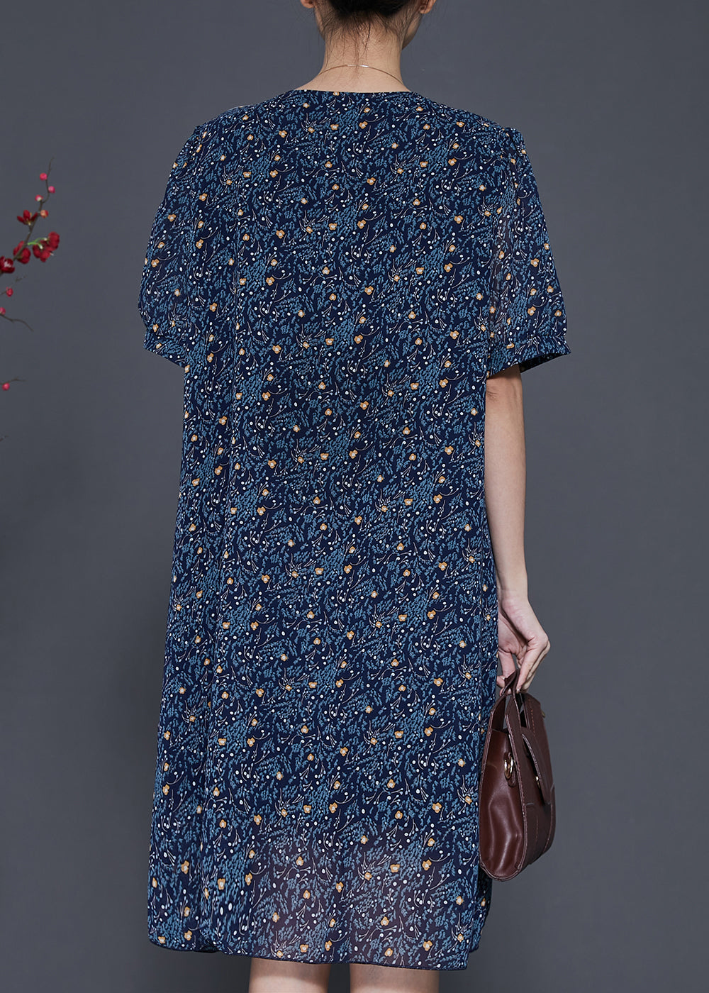 Beautiful Navy Peter Pan Collar Print Chiffon Maxi Dresses Summer