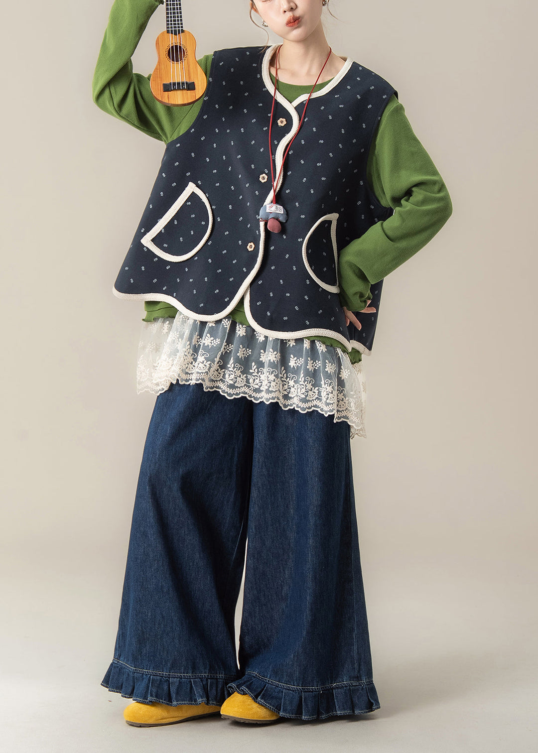 Beautiful Navy Print Vest T Shirt And Pants Cotton Three Pieces Set Fall