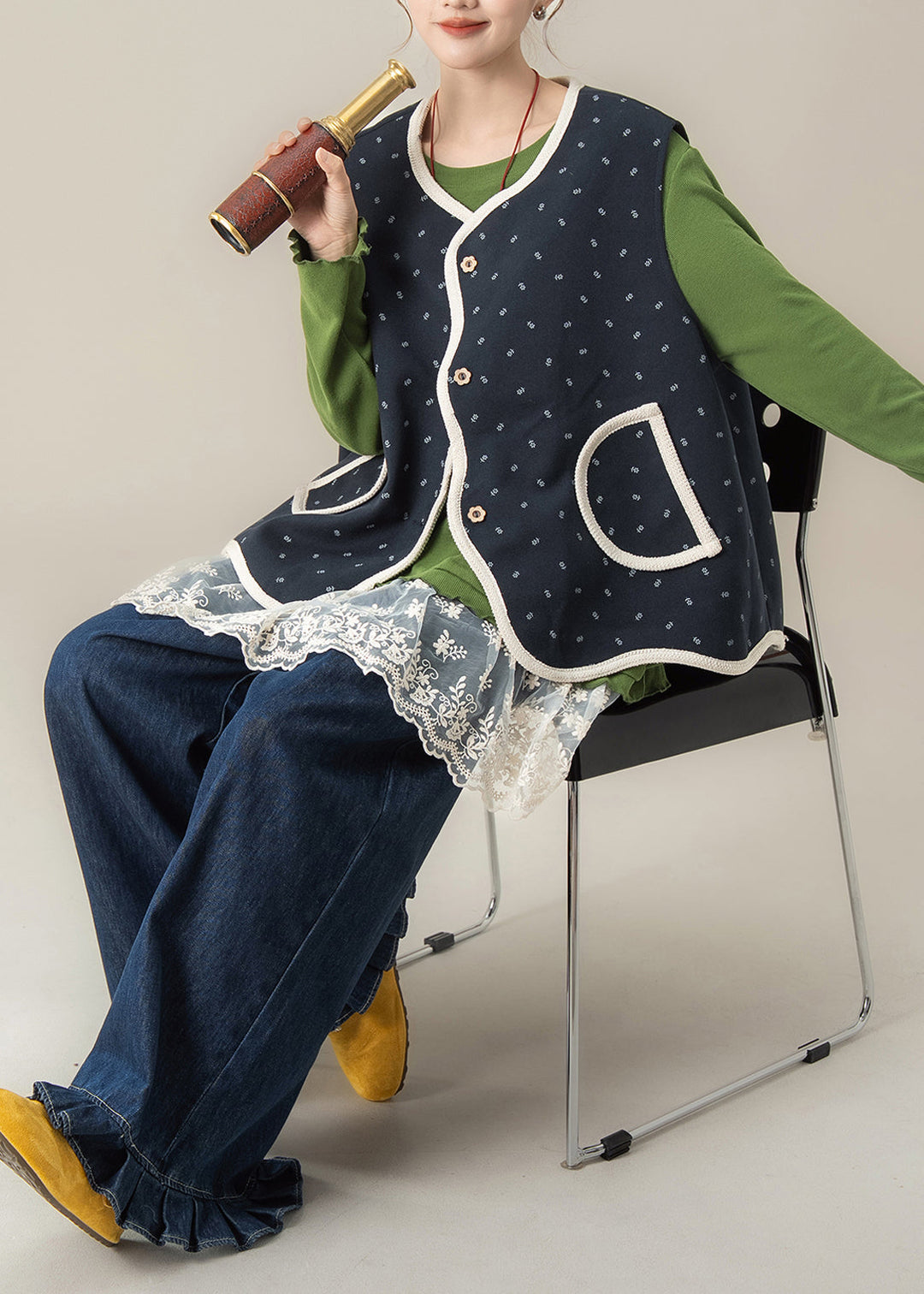 Beautiful Navy Print Vest T Shirt And Pants Cotton Three Pieces Set Fall