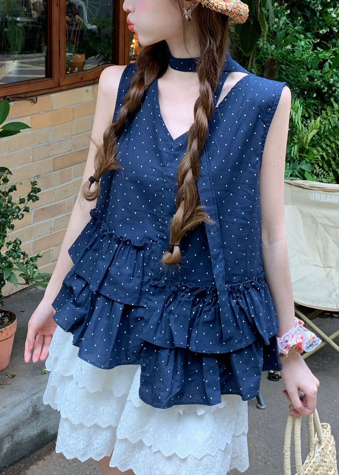 Beautiful Navy Ruffled Print Cotton Tanks Sleeveless