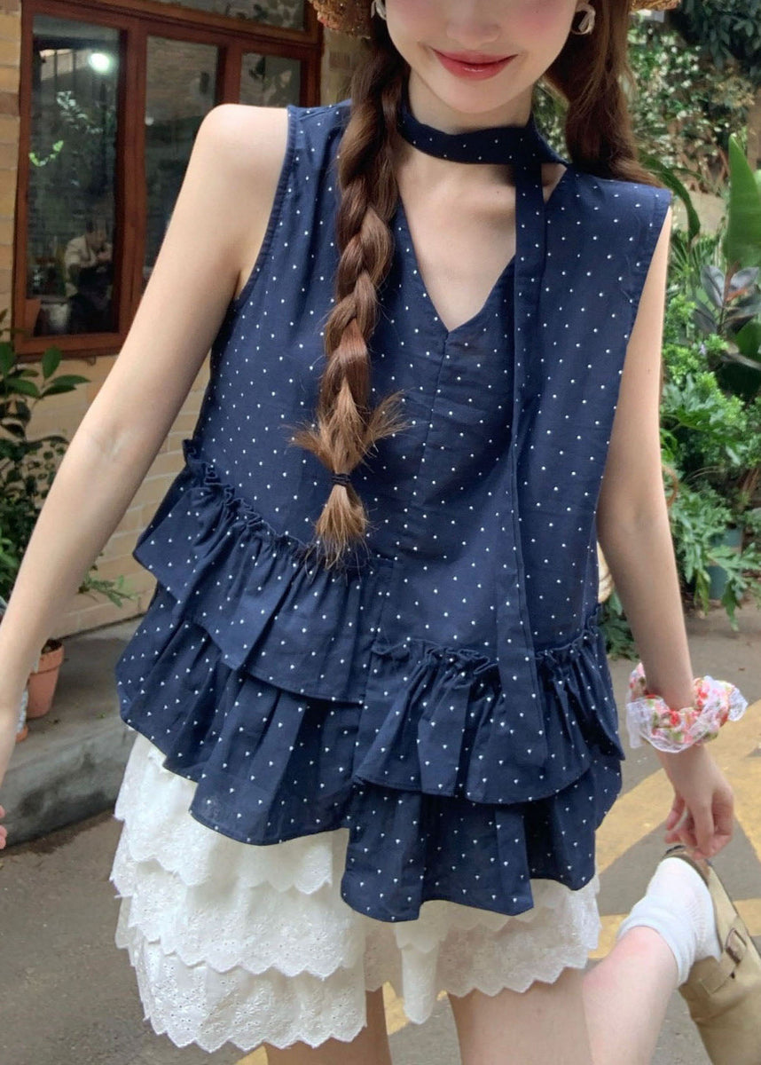 Beautiful Navy Ruffled Print Cotton Tanks Sleeveless – Omychic