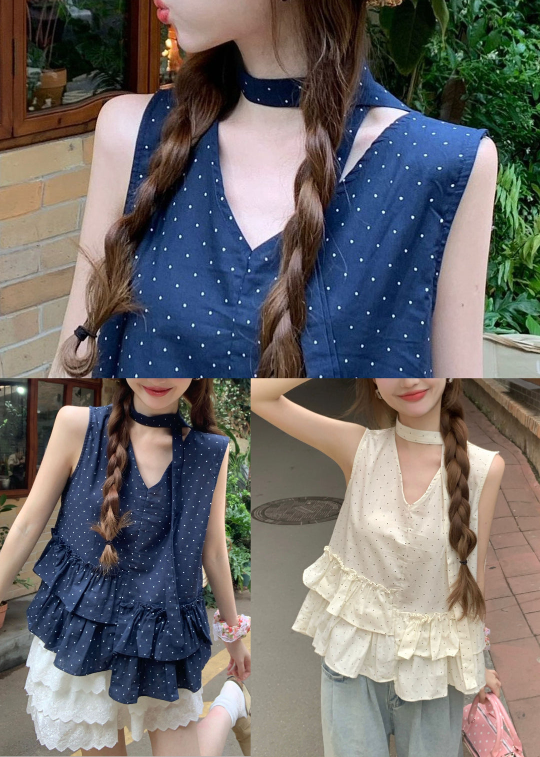 Beautiful Navy Ruffled Print Cotton Tanks Sleeveless