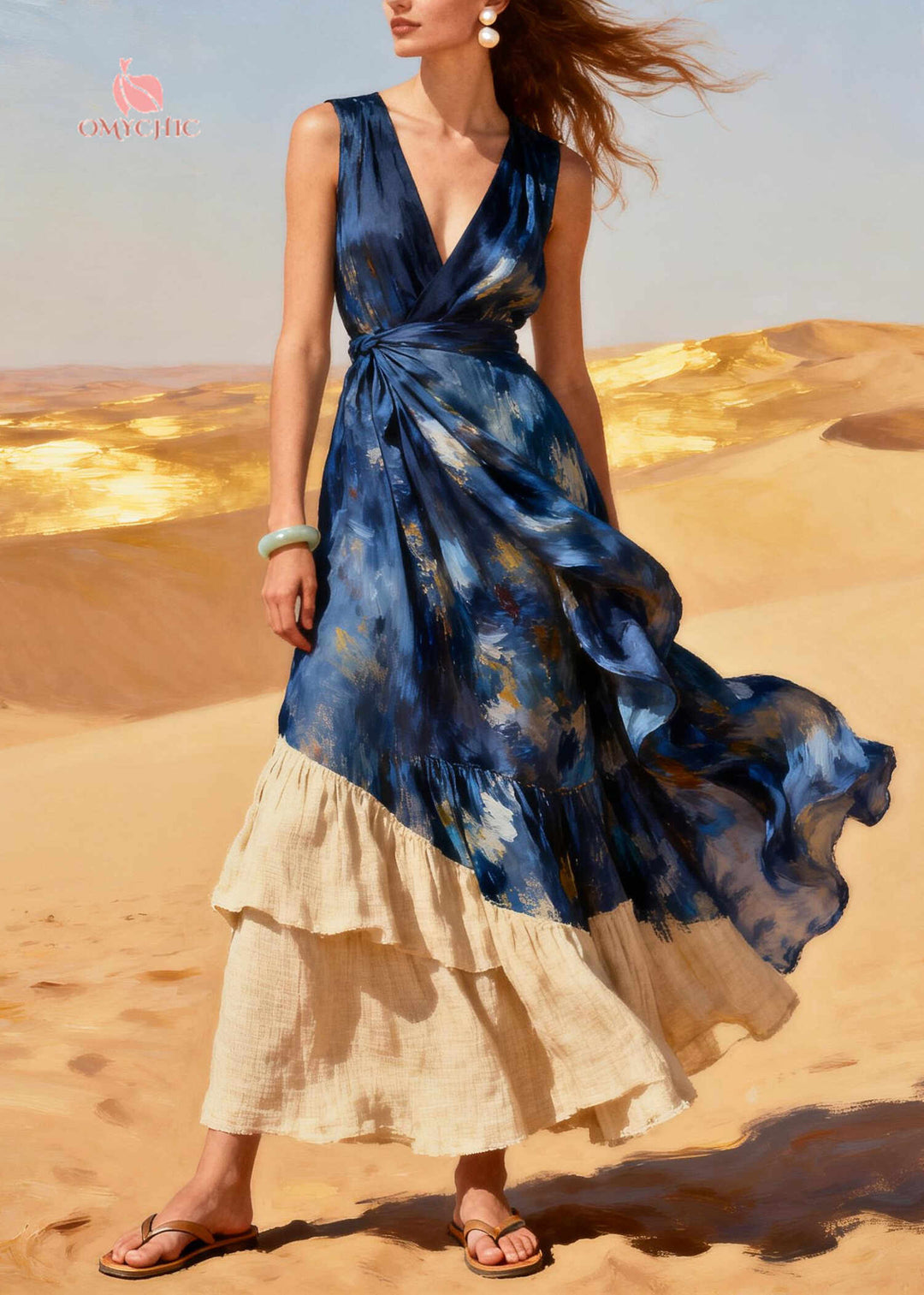 Beautiful Navy Tie Dye Patchwork Chiffon Ankle Dress Summer