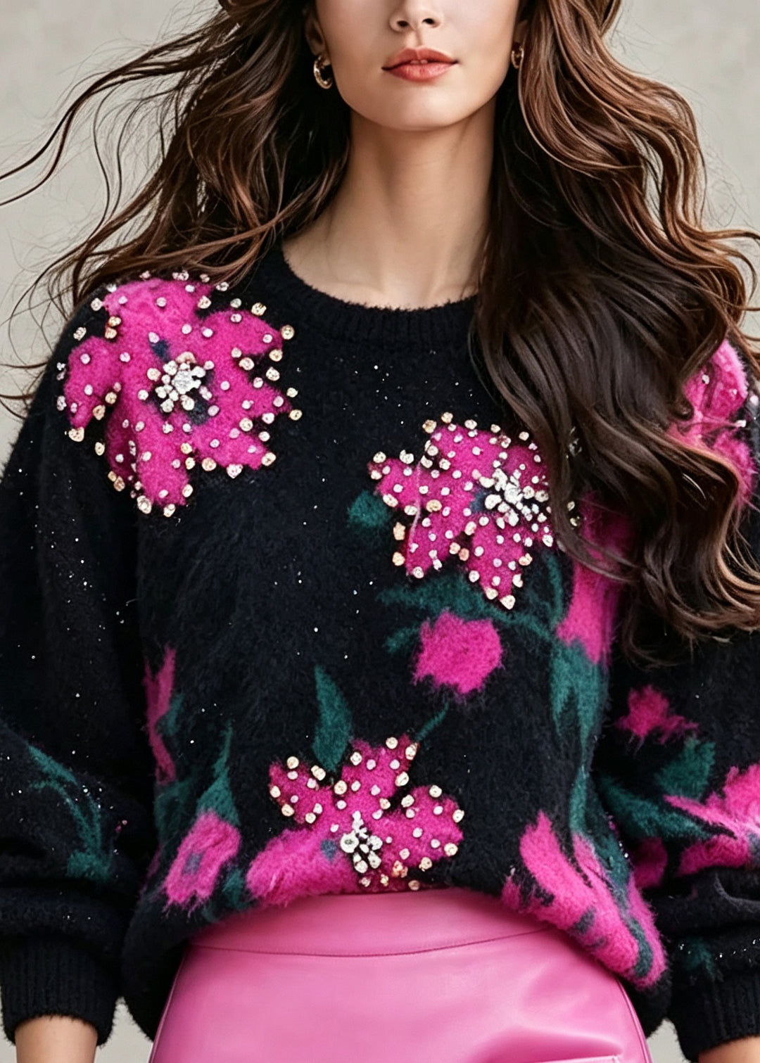 Beautiful O Neck Jacquard Sequins Knit Sweaters Fall