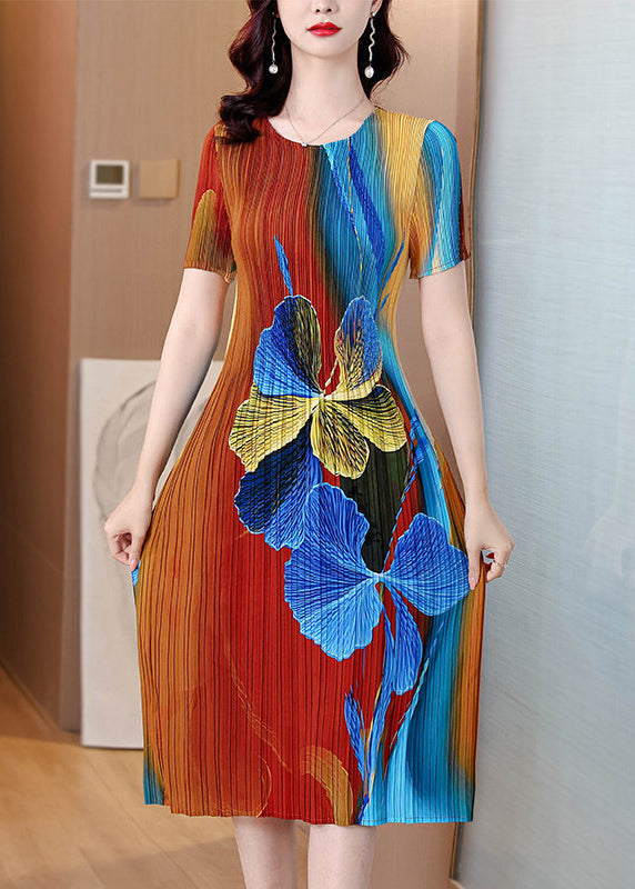 Beautiful O Neck Print Elasticity Wrinkled Dresses Summer