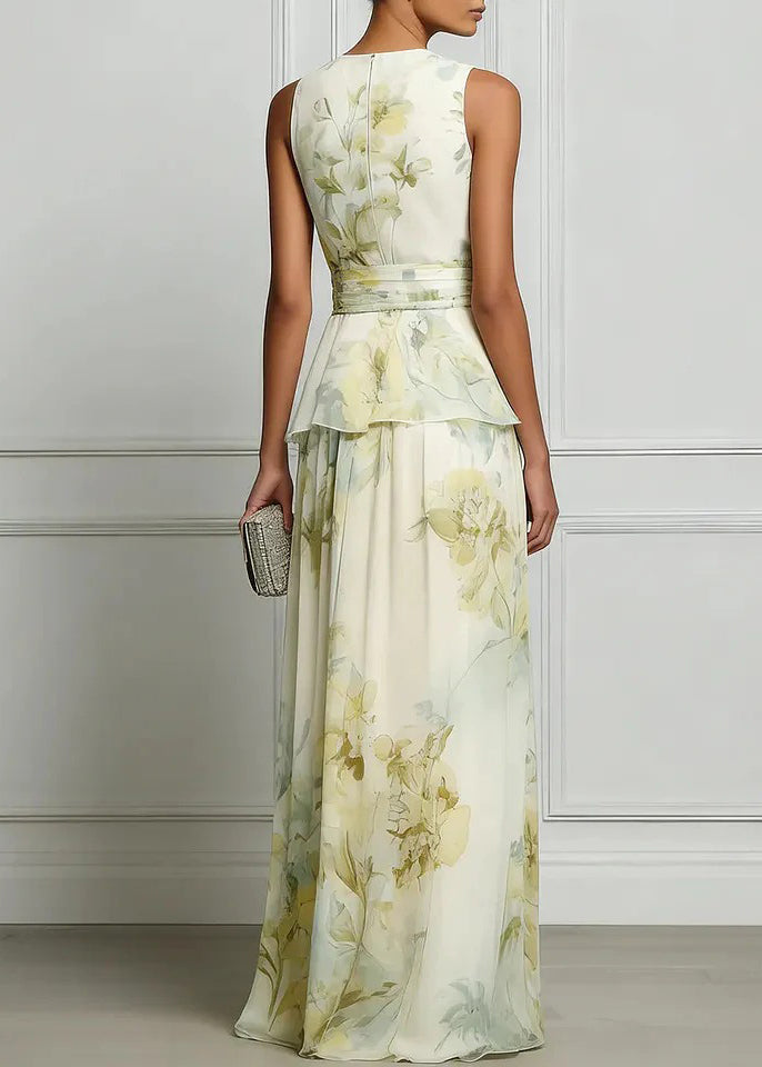 Beautiful O Neck Print Patchwork Chiffon Ankle Dress Sleeveless