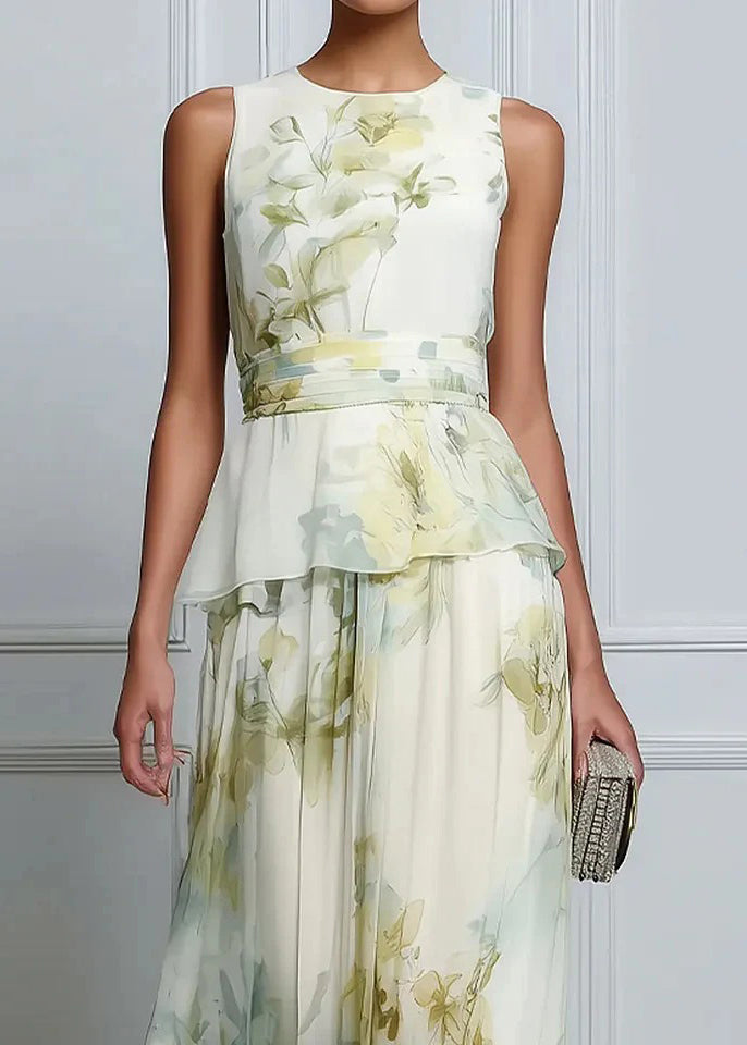 Beautiful O Neck Print Patchwork Chiffon Ankle Dress Sleeveless