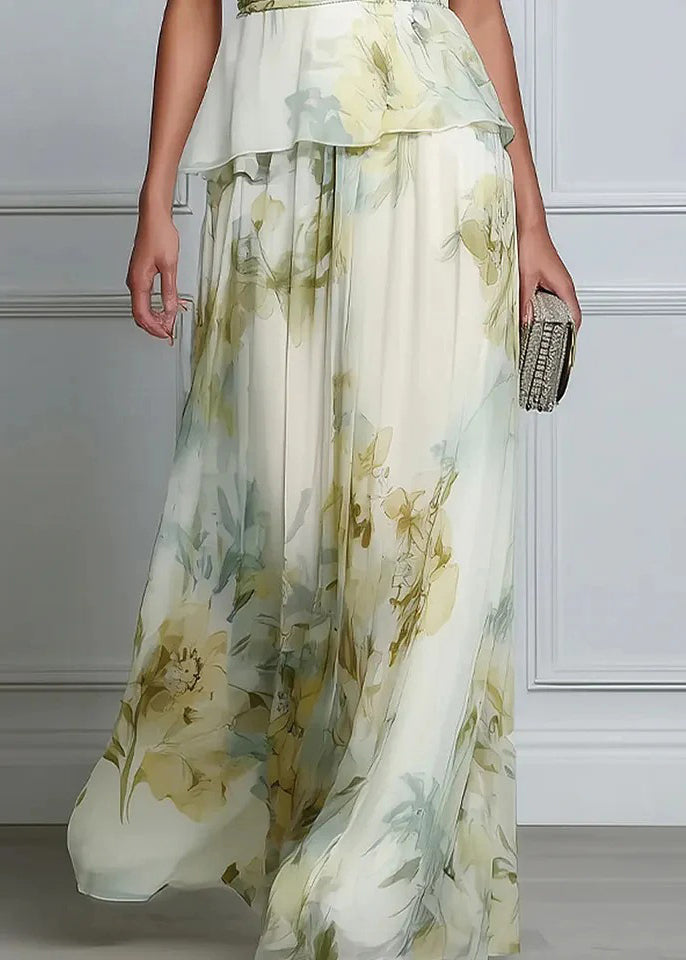 Beautiful O Neck Print Patchwork Chiffon Ankle Dress Sleeveless