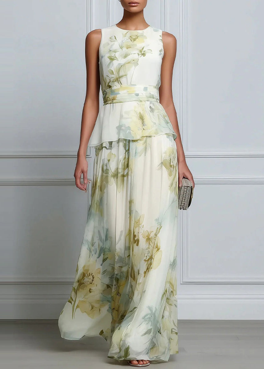 Beautiful O Neck Print Patchwork Chiffon Ankle Dress Sleeveless