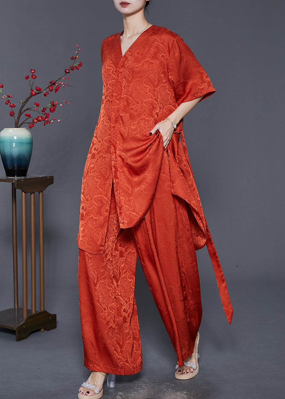 Beautiful Orange Asymmetrical Print Silk Two Piece Set Summer - Omychic