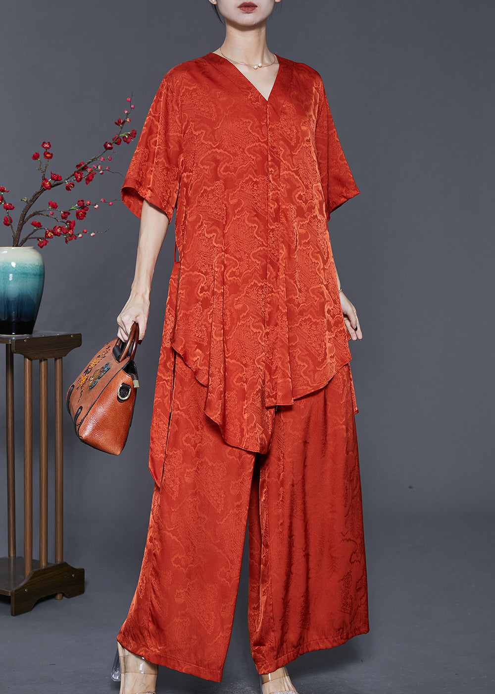 Beautiful Orange Asymmetrical Print Silk Two Piece Set Summer - Omychic