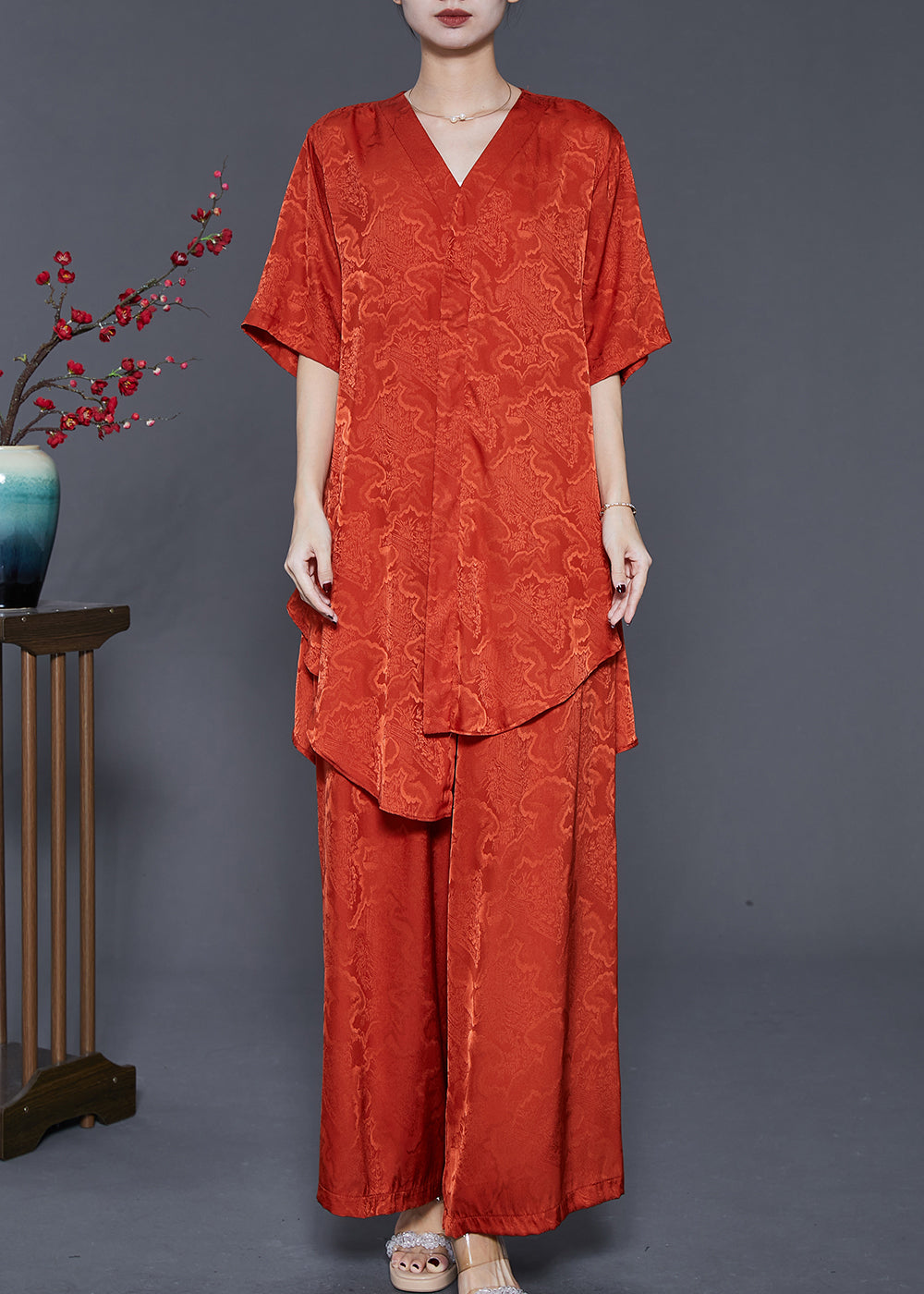 Beautiful Orange Asymmetrical Print Silk Two Piece Set Summer - Omychic