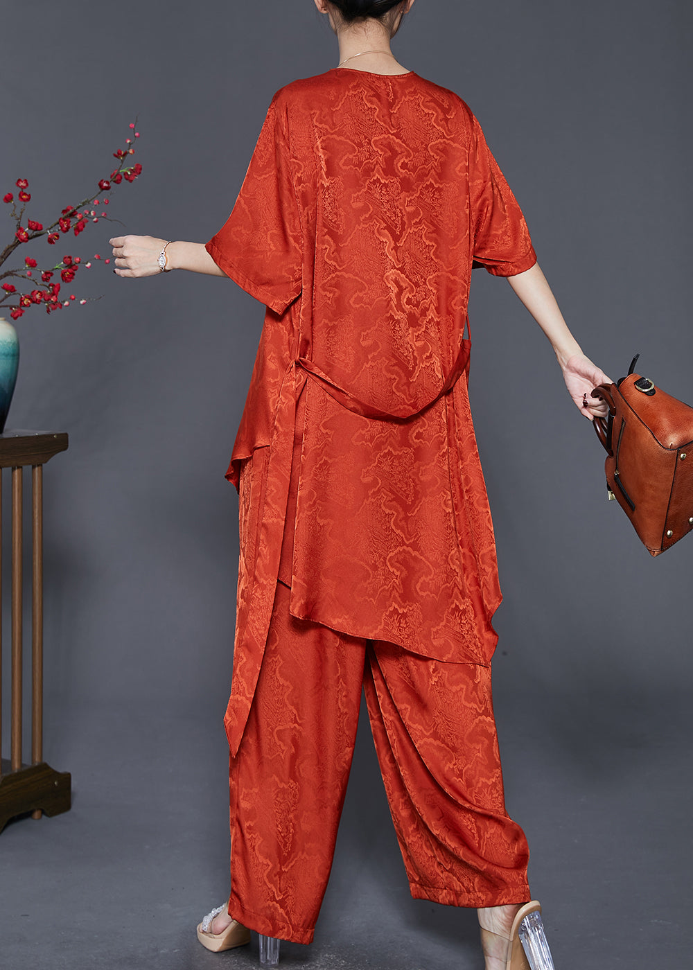 Beautiful Orange Asymmetrical Print Silk Two Piece Set Summer - Omychic