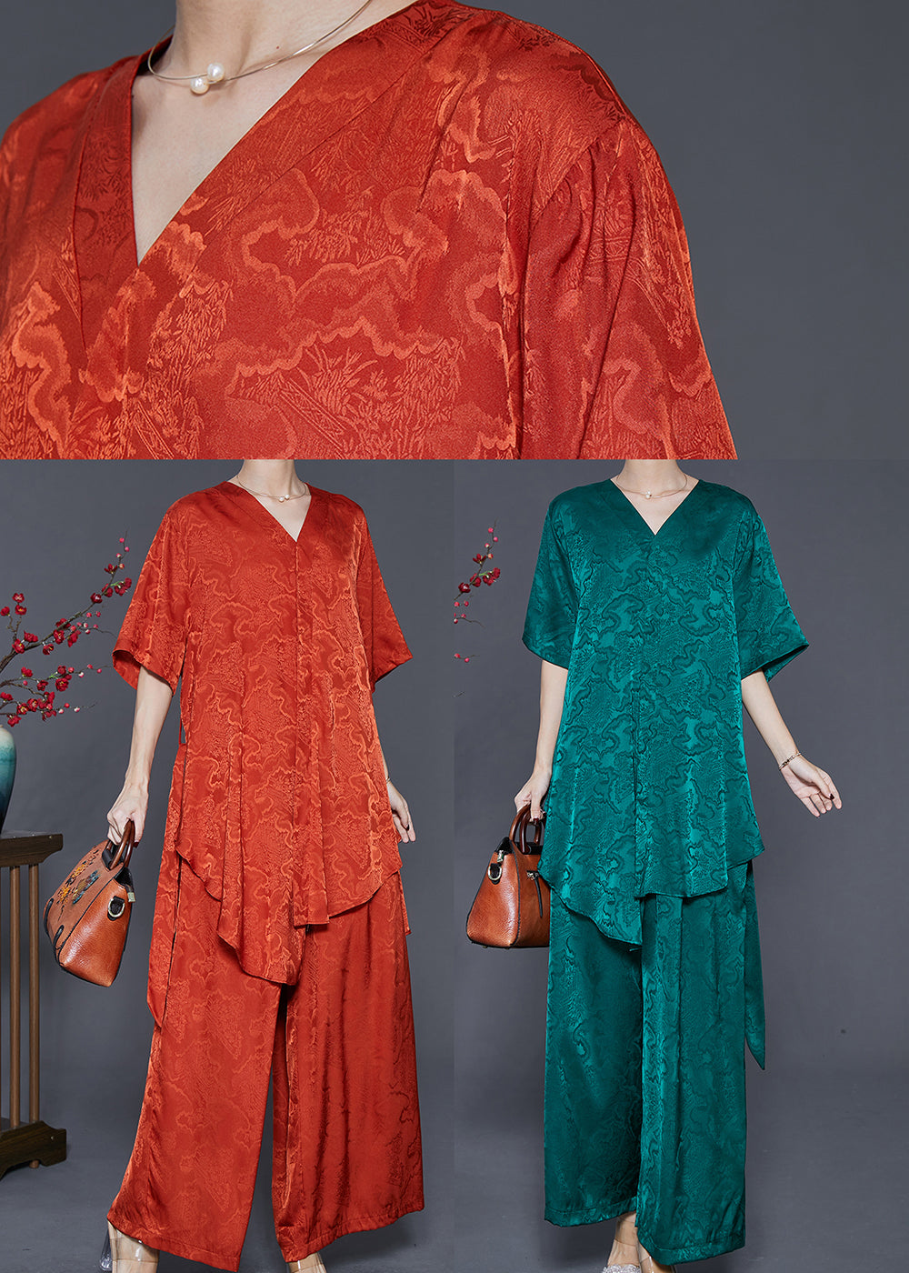 Beautiful Orange Asymmetrical Print Silk Two Piece Set Summer - Omychic