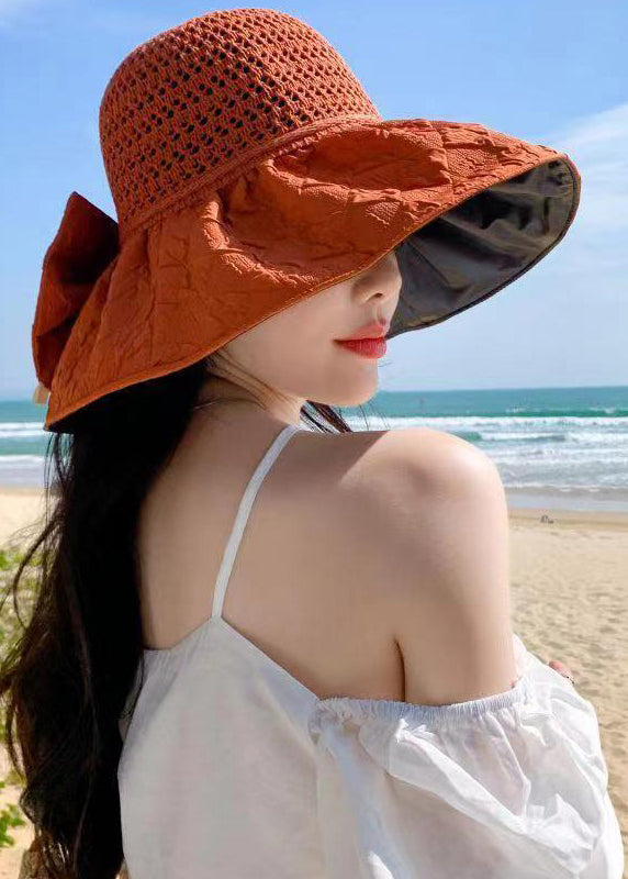 Beautiful Orange Hollow Out Patchwork Knit Floppy Sun Hat