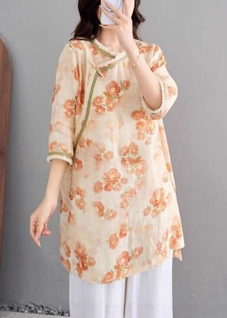 Beautiful Orange O Neck Print Tassel Linen Top Summer