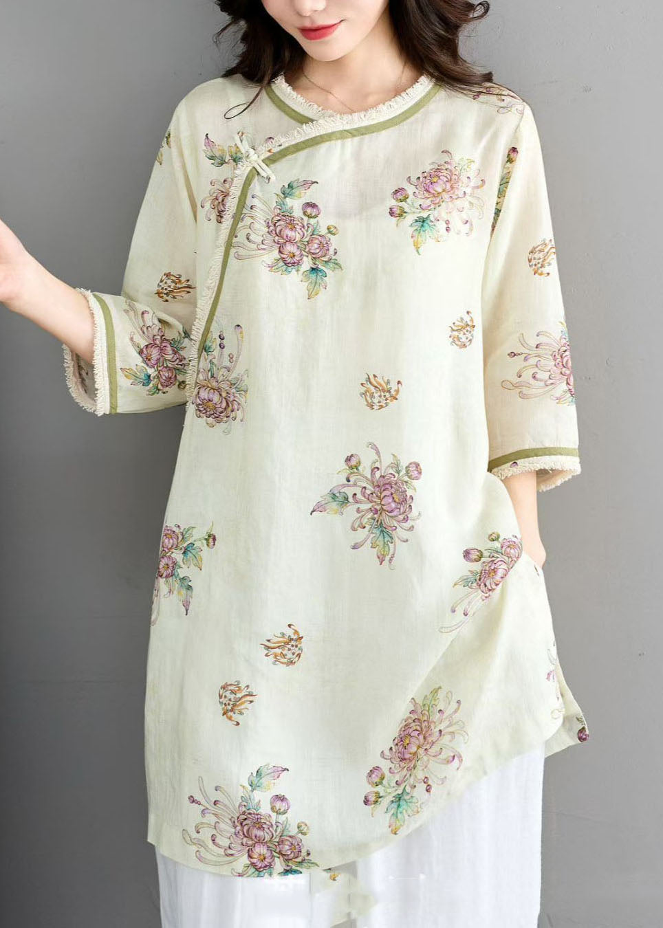 Beautiful Orange O Neck Print Tassel Linen Top Summer