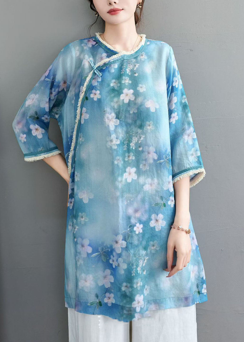 Beautiful Orange O Neck Print Tassel Linen Top Summer