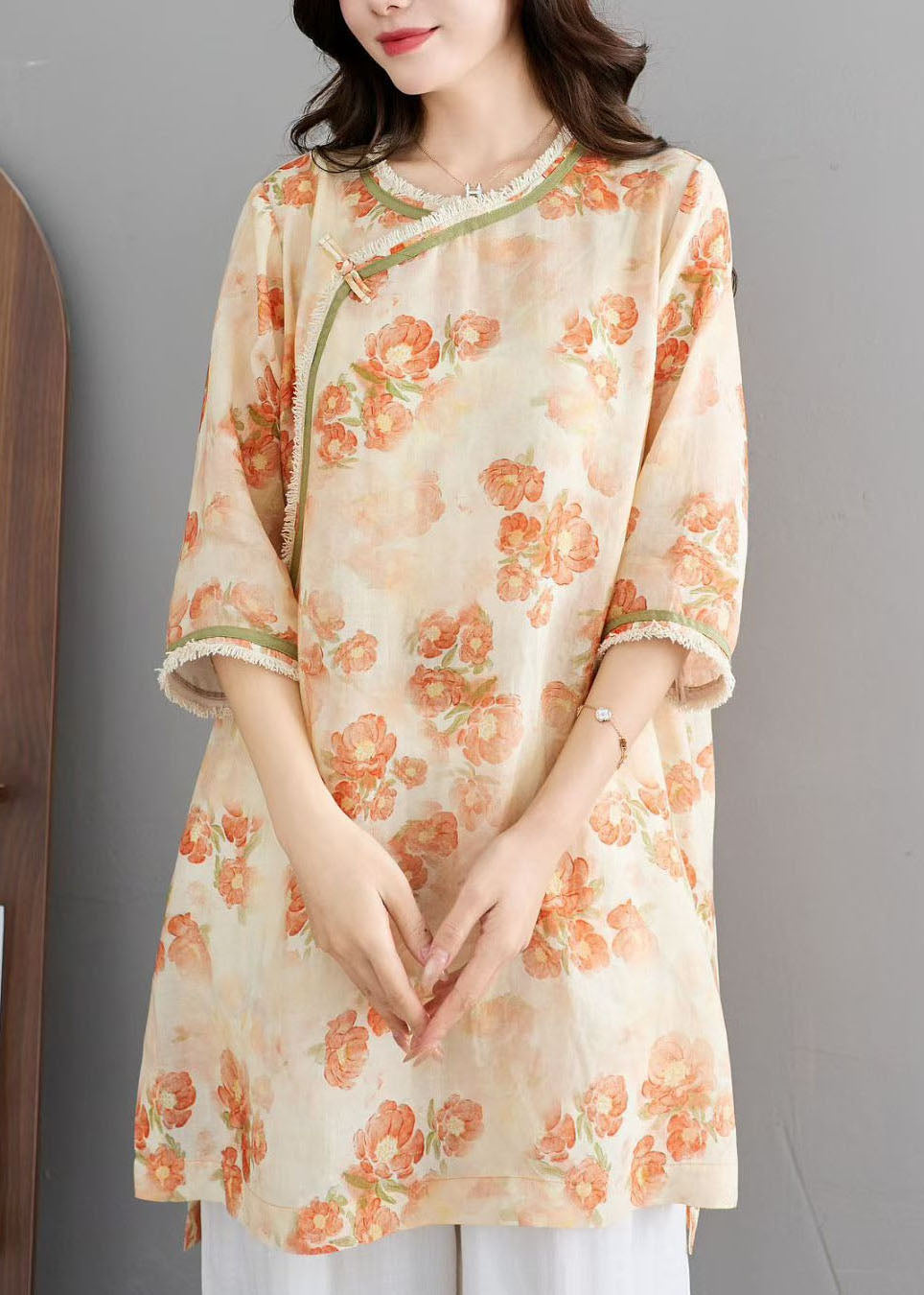 Beautiful Orange O Neck Print Tassel Linen Top Summer