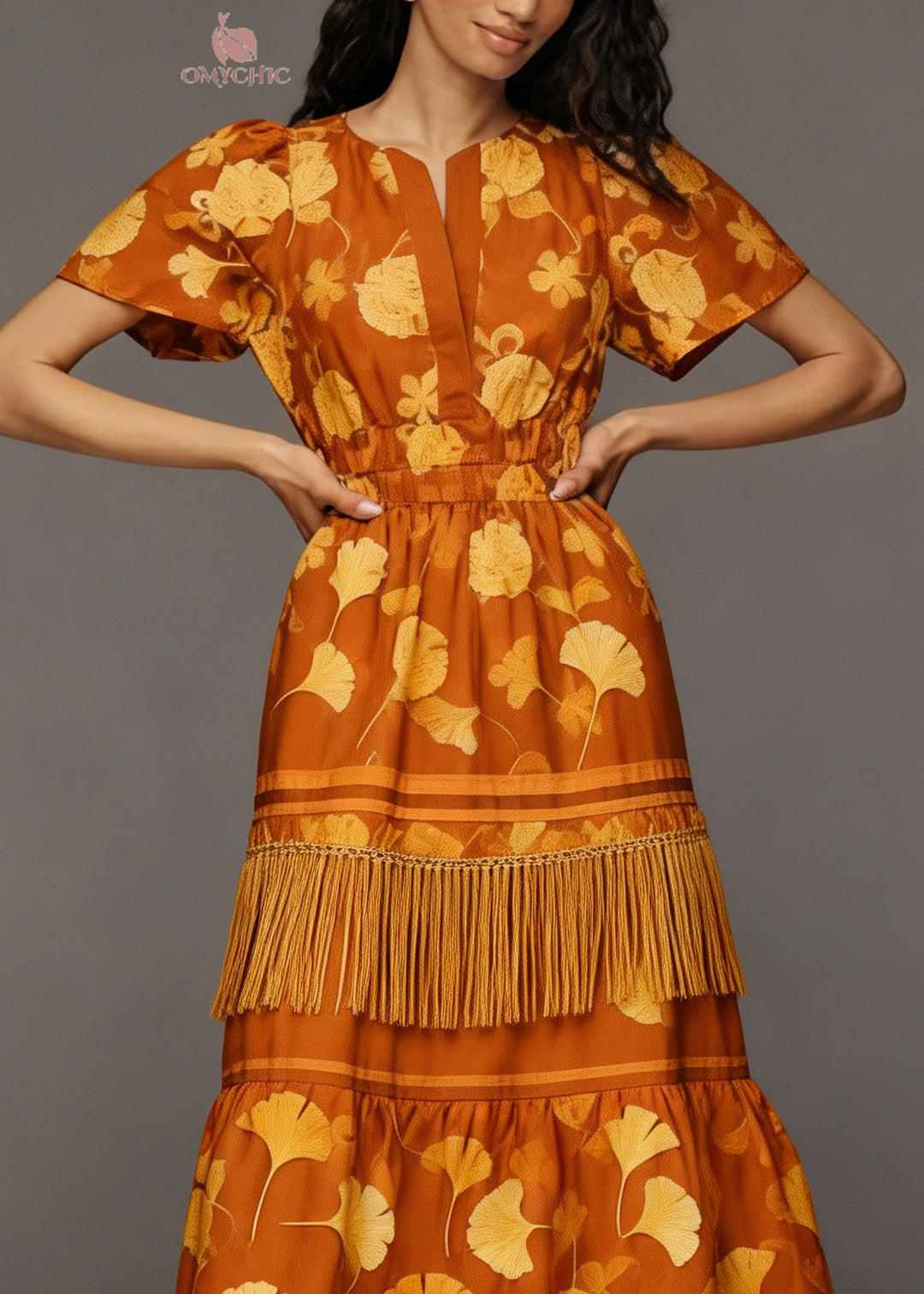 Beautiful Orange O Neck Print Tassel Patchwork Cotton Dresses Summer