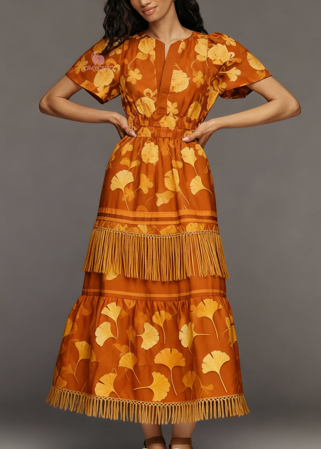 Beautiful Orange O Neck Print Tassel Patchwork Cotton Dresses Summer
