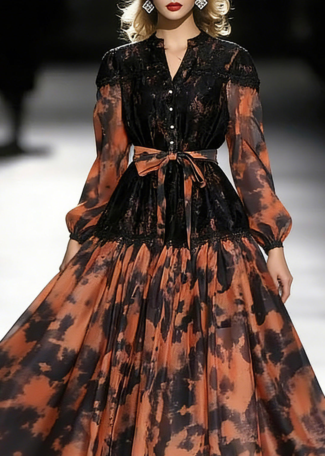 Beautiful Orange Print Tie Waist Chiffon Long Dress Lantern Sleeve