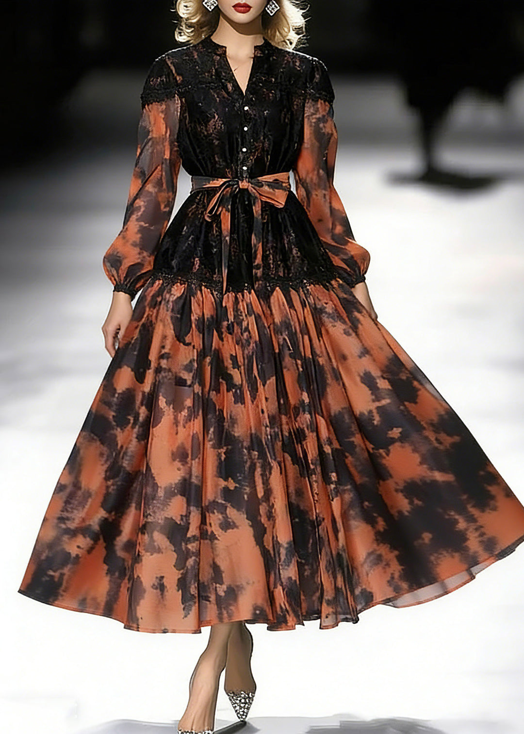 Beautiful Orange Print Tie Waist Chiffon Long Dress Lantern Sleeve