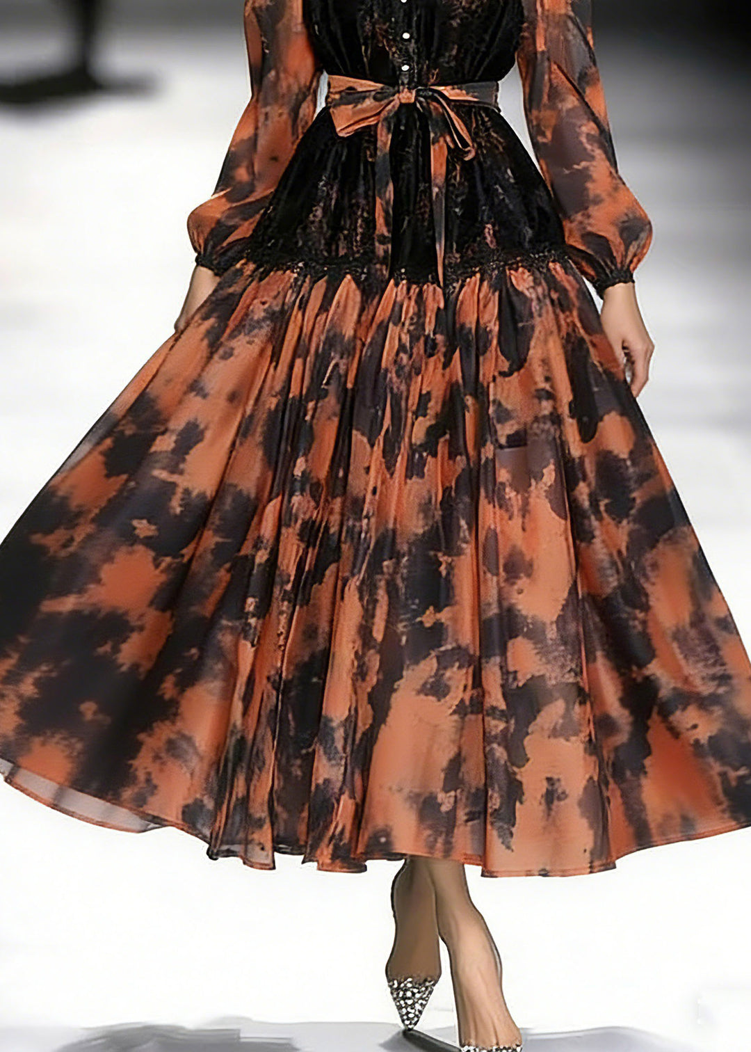 Beautiful Orange Print Tie Waist Chiffon Long Dress Lantern Sleeve