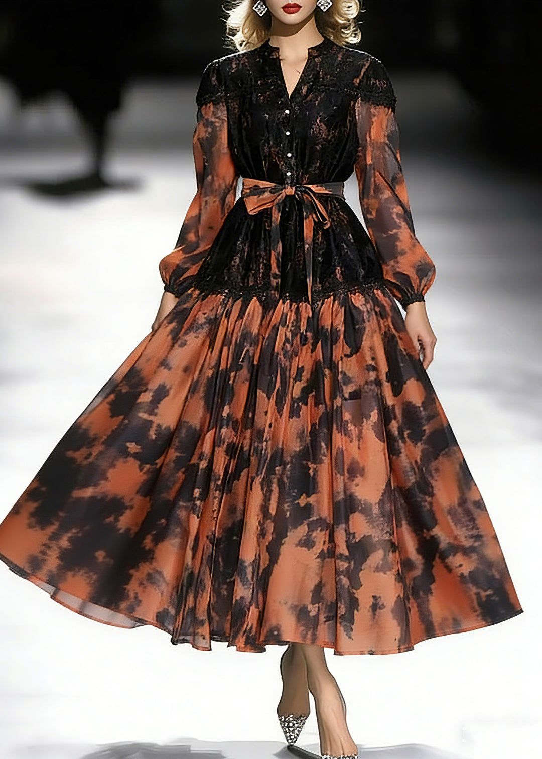 Beautiful Orange Print Tie Waist Chiffon Long Dress Lantern Sleeve