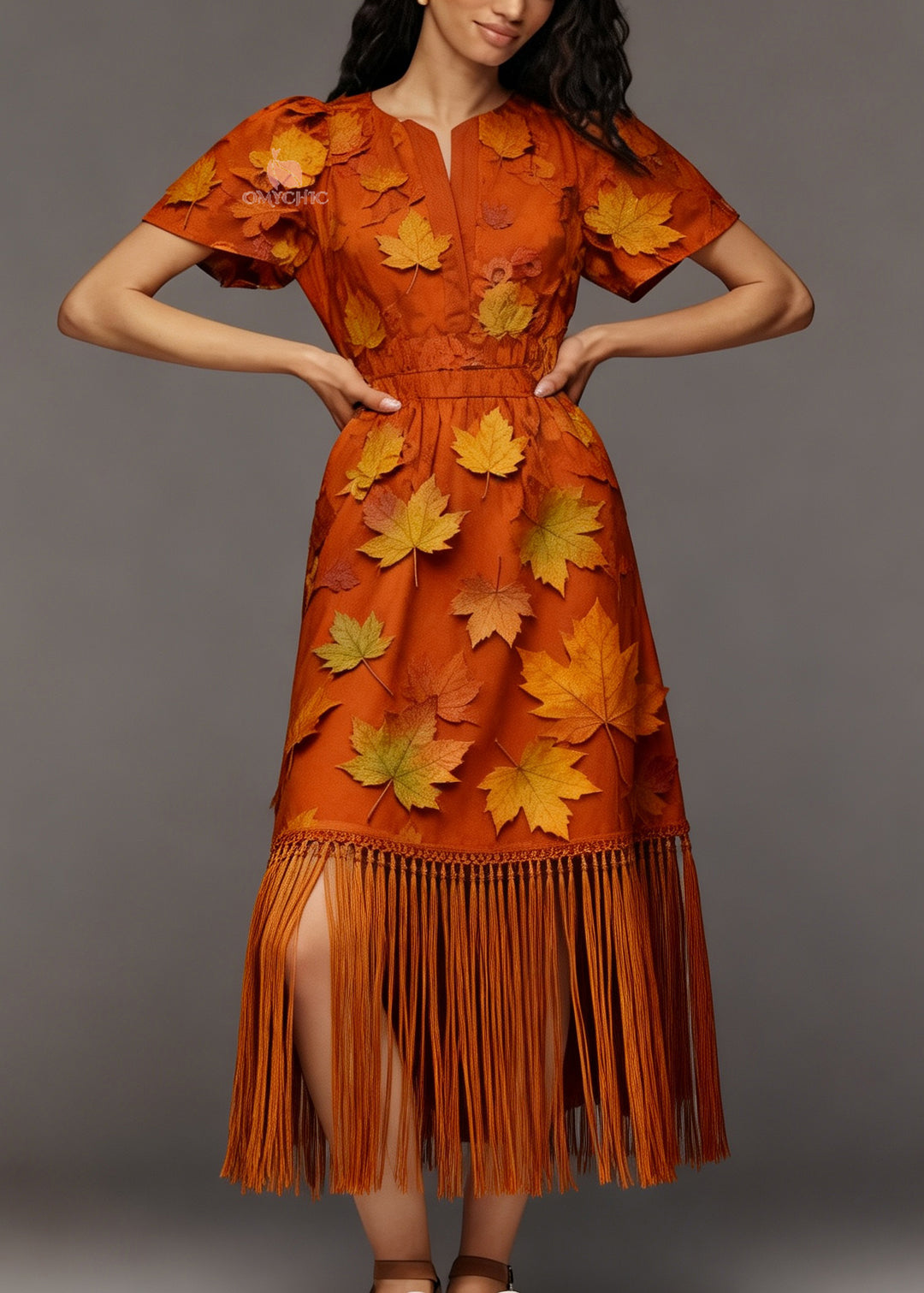 Beautiful Orange Tasseled Patchwork Cotton Maxi Dress Summer
