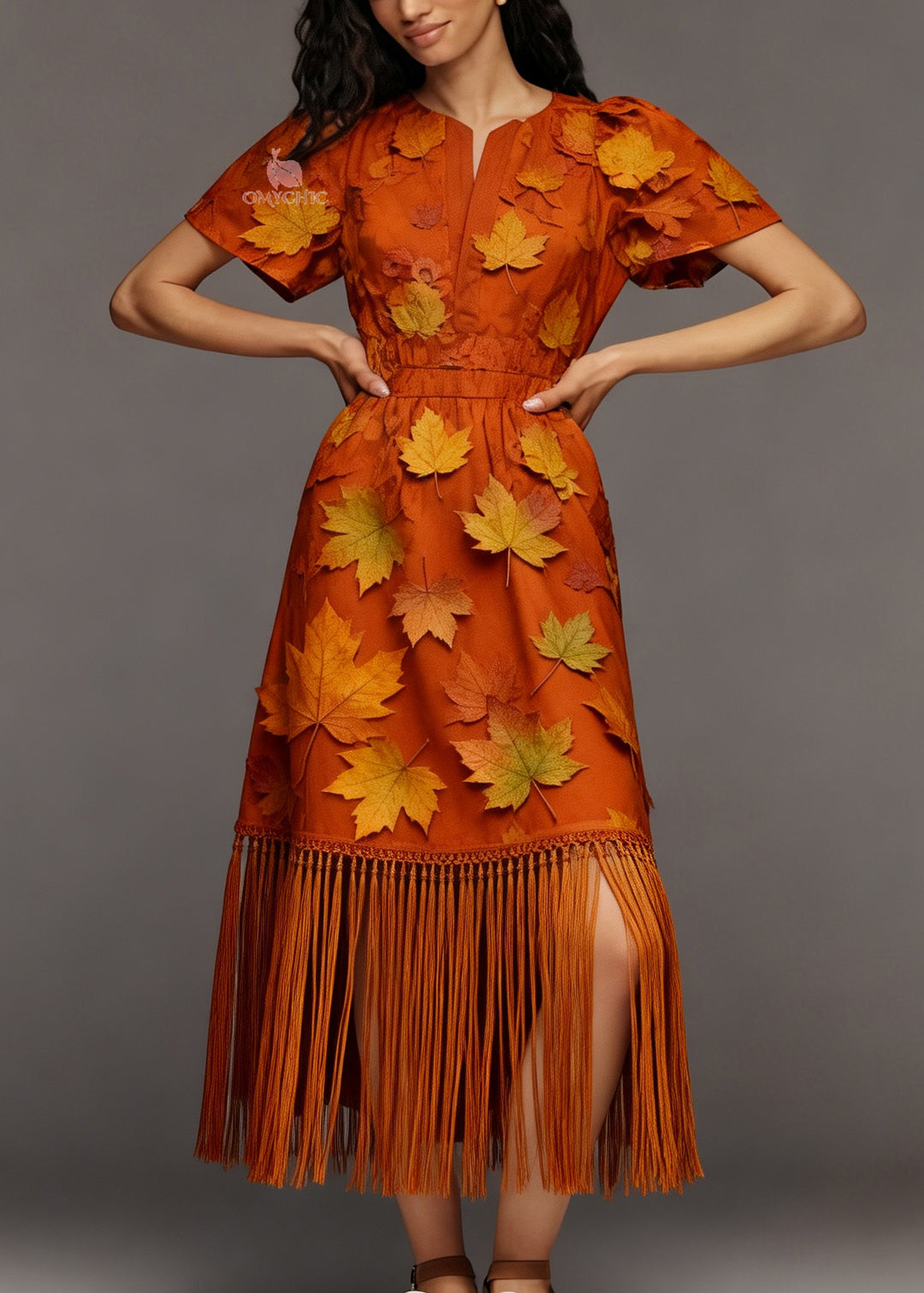 Beautiful Orange Tasseled Patchwork Cotton Maxi Dress Summer