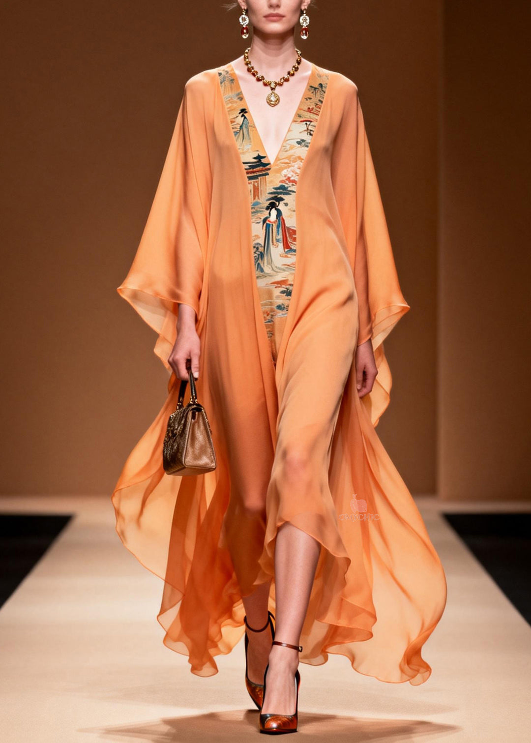 Beautiful Orange V Neck Print Patchwork Chiffon Dress Spring
