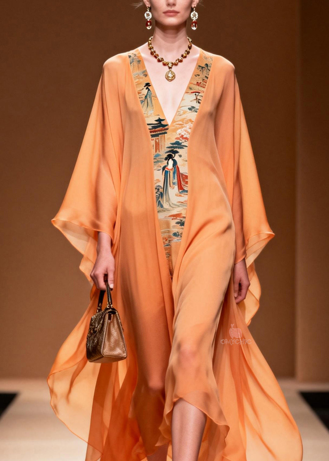 Beautiful Orange V Neck Print Patchwork Chiffon Dress Spring