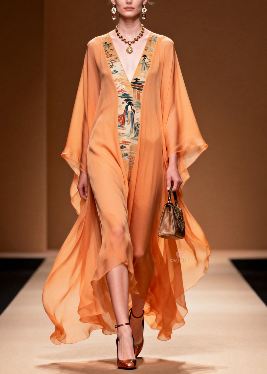 Beautiful Orange V Neck Print Patchwork Chiffon Dress Spring