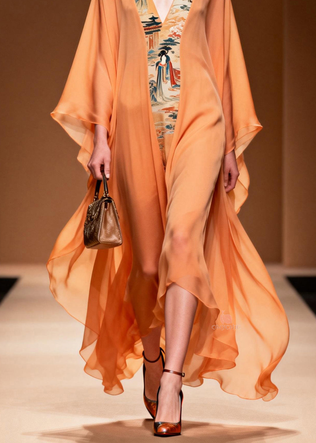Beautiful Orange V Neck Print Patchwork Chiffon Dress Spring