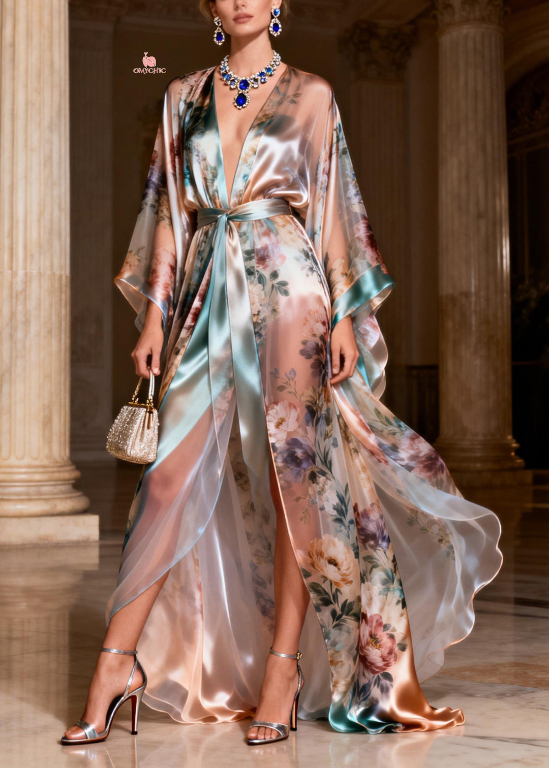 Beautiful Patchwork Tie Waist Silk Long Dresses Flare Sleeve