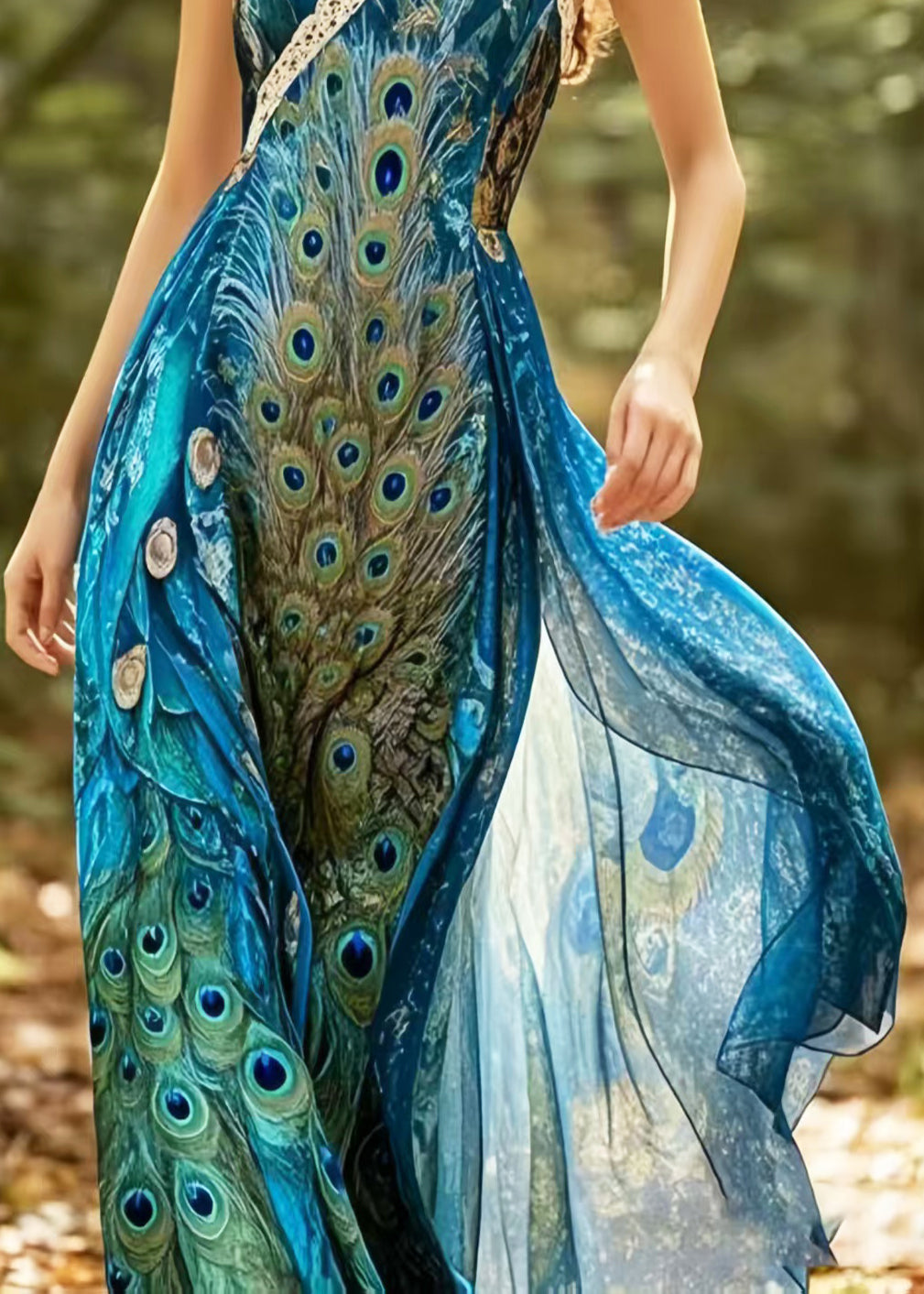 Beautiful Peacock Blue Print Chiffon Halter Dresses Summer - Omychic
