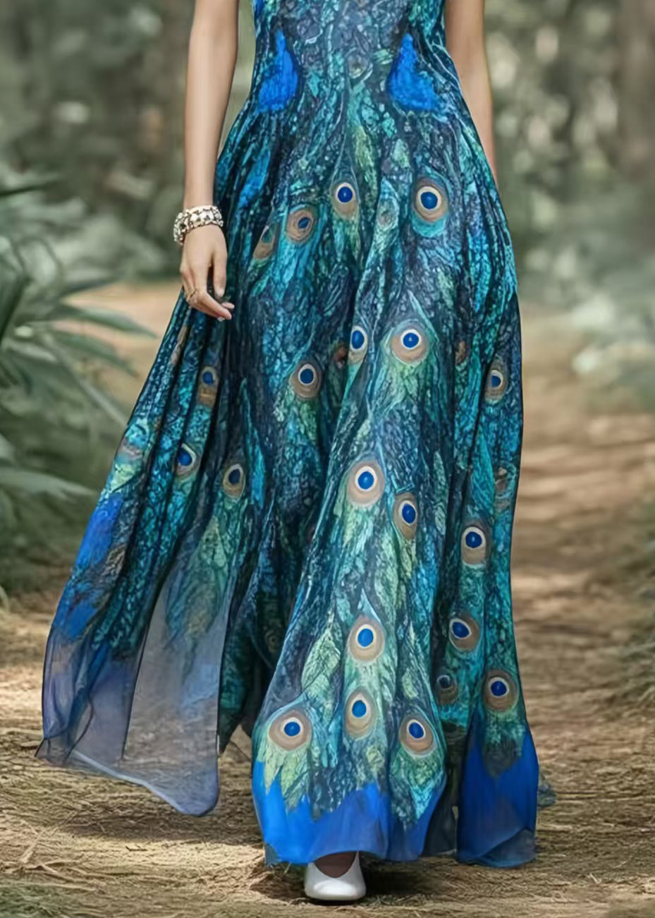 Beautiful Peacock Blue Print Exra Large Hem Chiffon Holiday Dress Summer