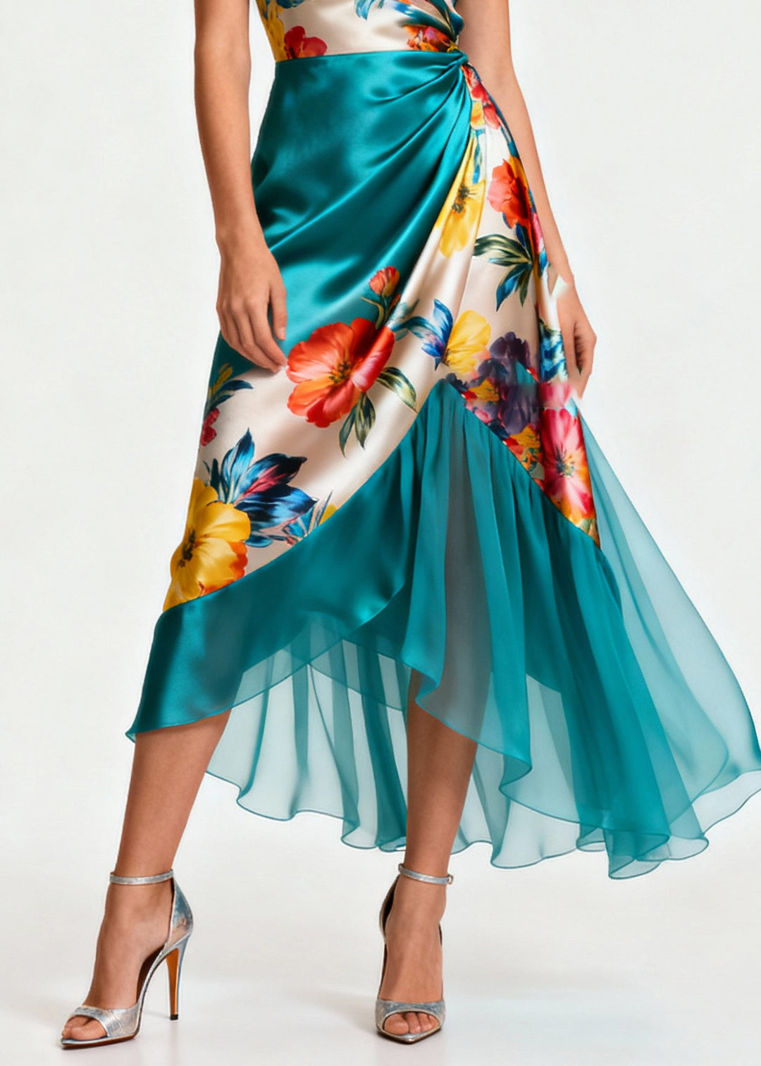 Beautiful Peacock Green Asymmetrical Patchwork Tulle Silk Cami Dress Summer