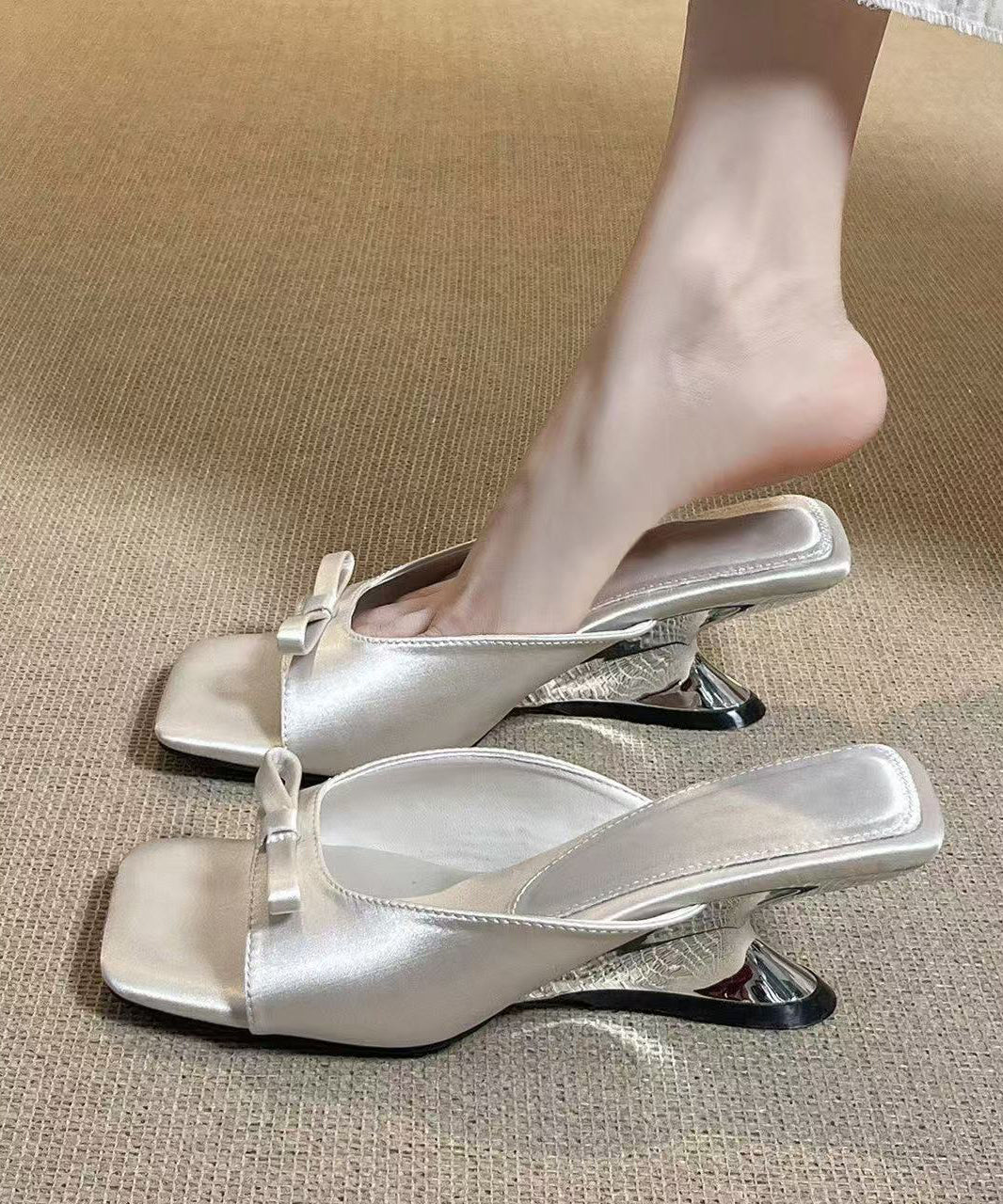 Beautiful Peep Toe Wedge White Satin Slide Sandals