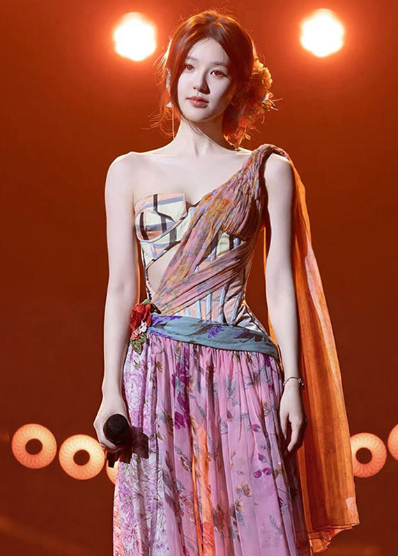 Beautiful Pink Asymmetrical Print Tunic Maxi Dresses Sleeveless